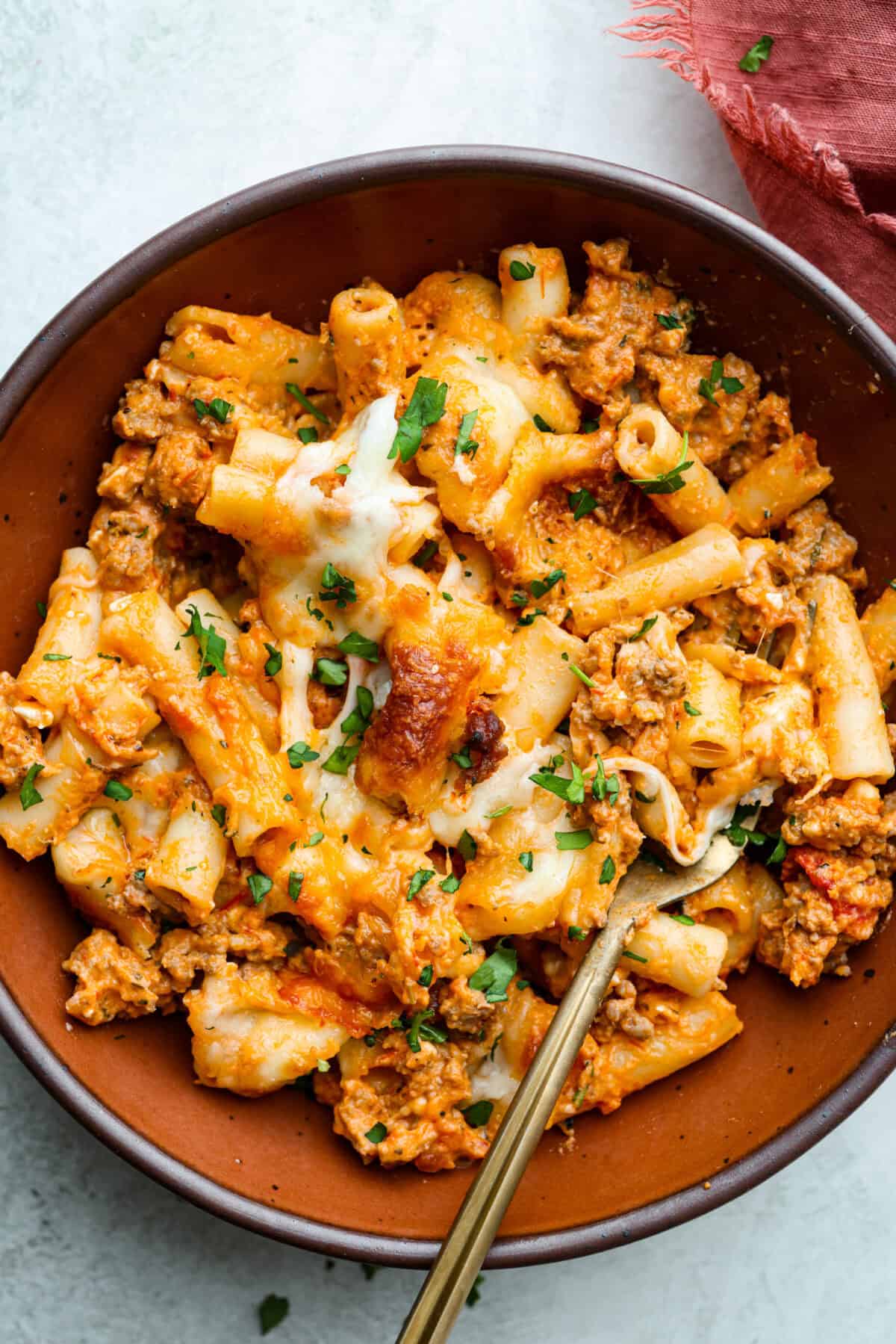 Overhead shot of plated million dollar baked ziti. 