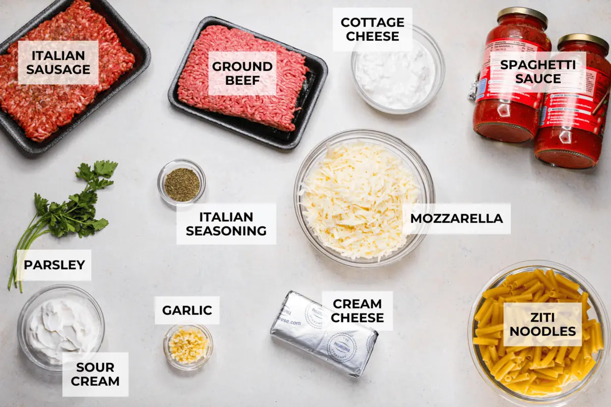 Overhead shot of labeled ingredients. 