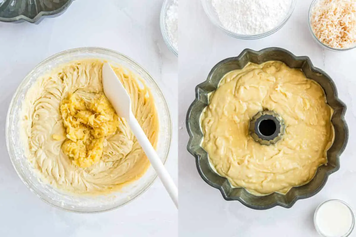 Schritt-für-Schritt-Fotos, die zeigen, wie man Ananaskuchen macht.