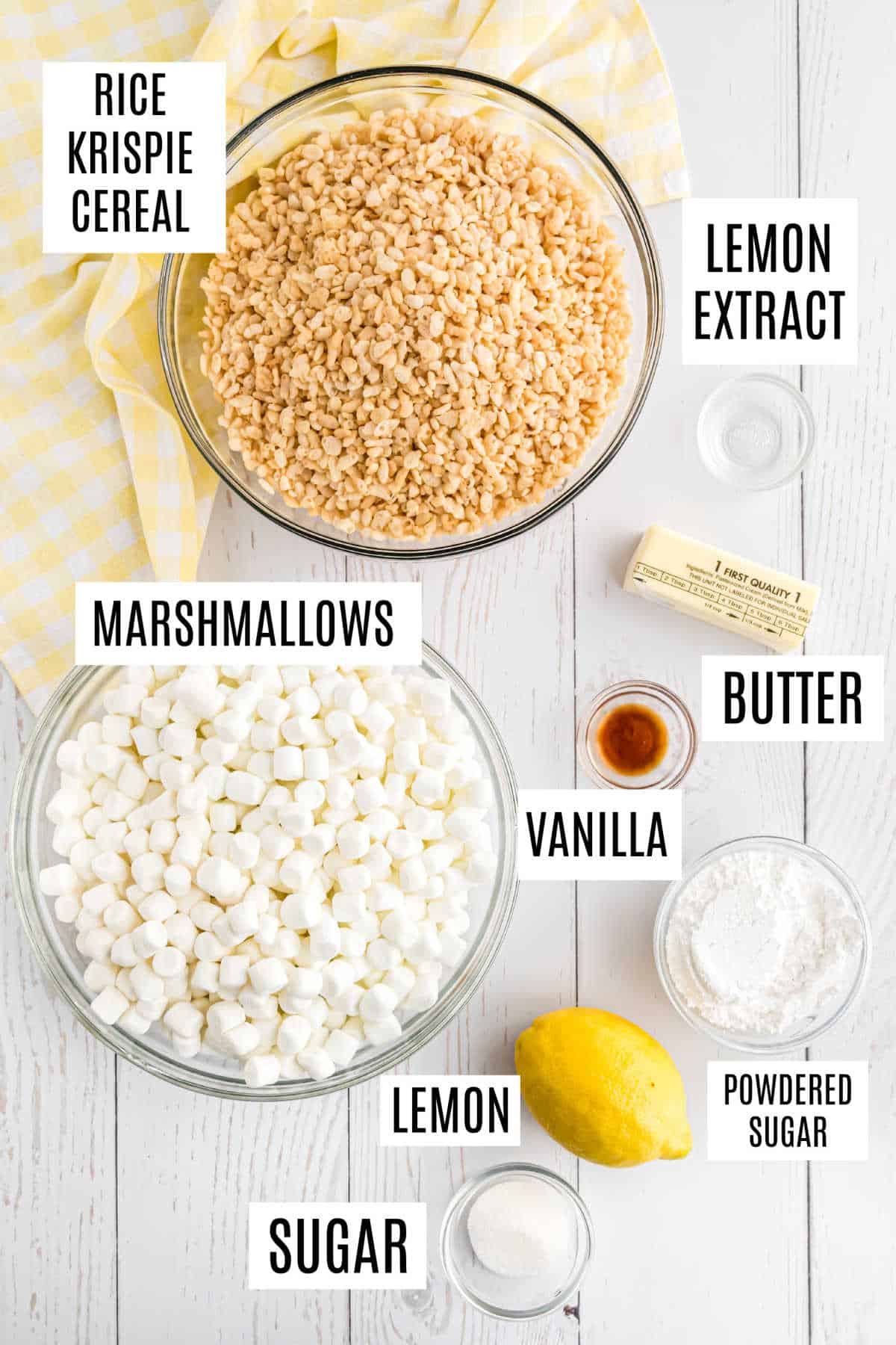 Zutaten, die Sie für die Herstellung von Zitronen-Reis-Krispies-Leckereien benötigen.
