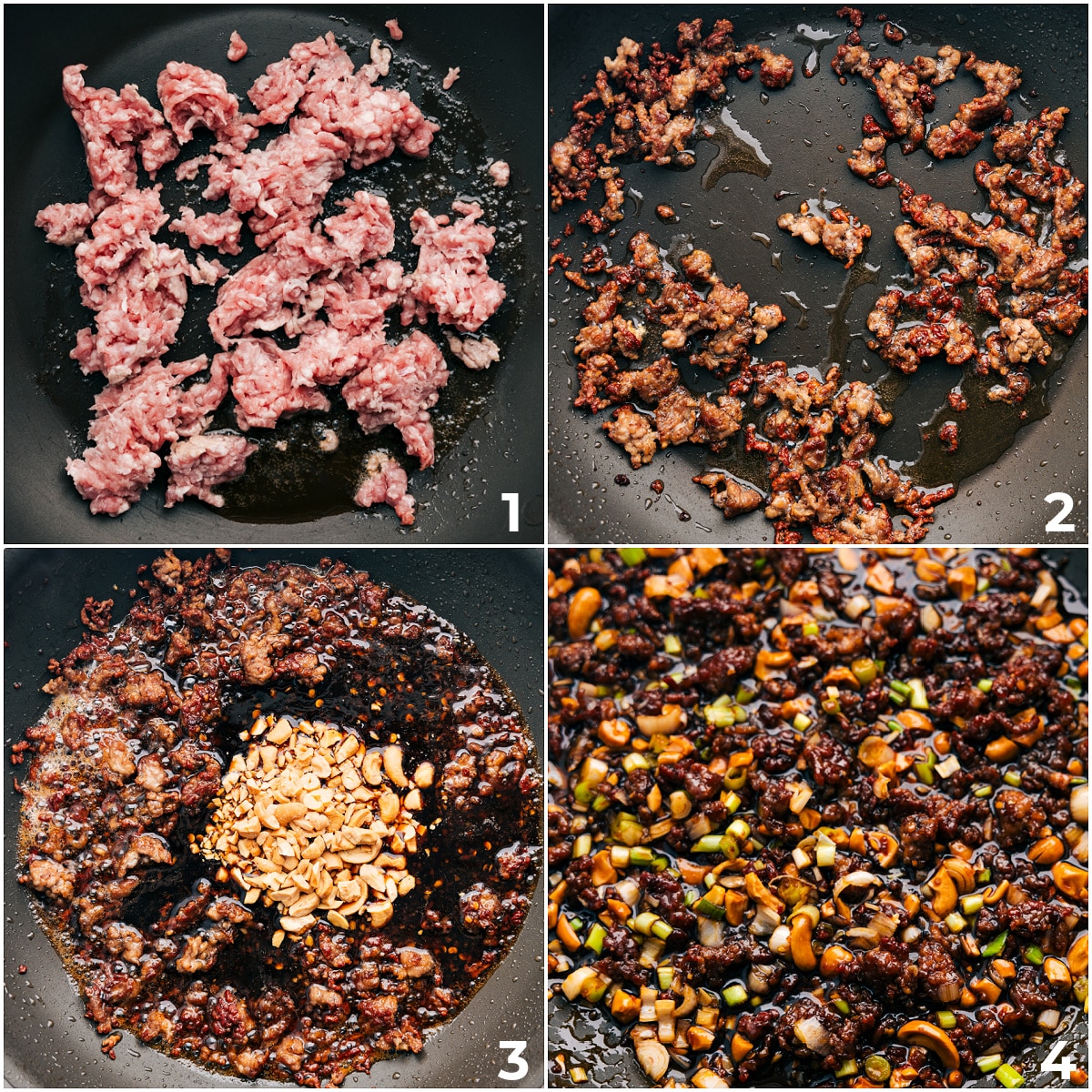 Das Schweinefleisch wird angebraten und die Cashewnüsse und Frühlingszwiebeln werden zusammen mit der Soße sautiert.