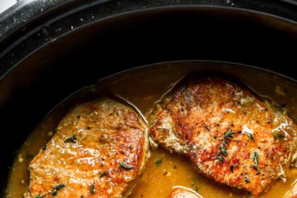 pork chops in gravy in a slow cooker.