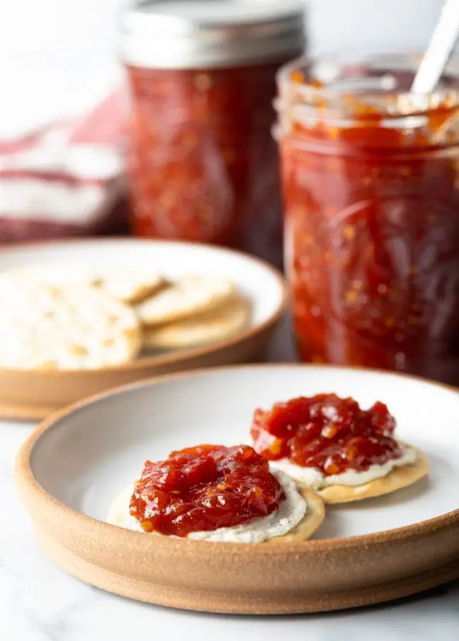 Seitenansicht des Tellers mit altmodischer Tomatenmarmelade auf Crackern und Käse.