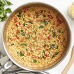 overhead view of tuscan orzo in a pan.