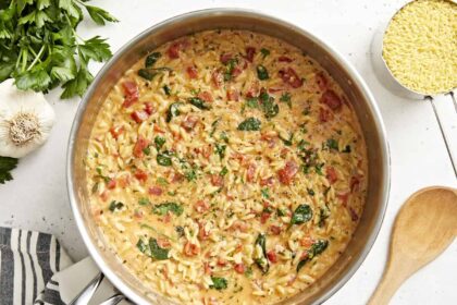 overhead view of tuscan orzo in a pan.