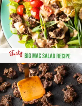 Pinterest-Grafik: Das obere Bild zeigt einen Big-Mac-Salat auf einem Teller. Das untere Bild zeigt Hackfleisch, das in einer Pfanne gebraten wird. Die beiden Bilder sind durch ein weißes Banner in zwei Hälften geteilt, auf dem in Grün der Rezepttitel steht: Big-Mac-Salat-Rezept.