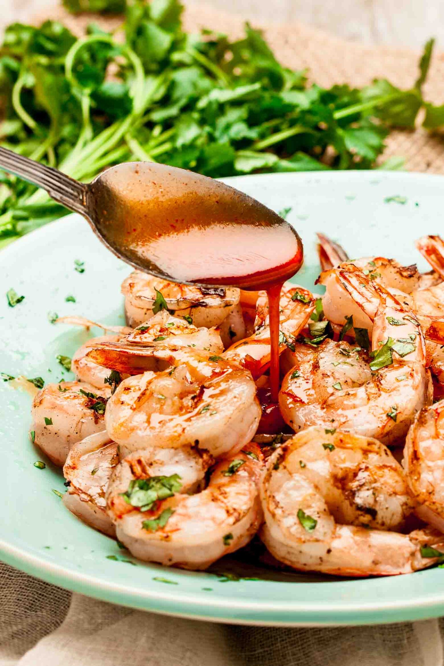 Marinated grilled shrimp plated and garnished.