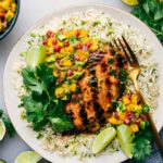 Cilantro Lime Chicken on a bed of rice with fresh salsa.