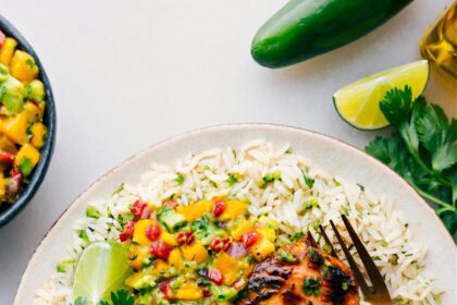 Cilantro Lime Chicken on a bed of rice with fresh salsa.