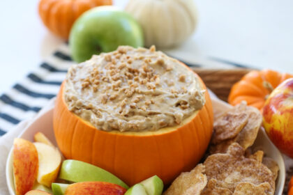 toffee fruit dip in a pumpkin