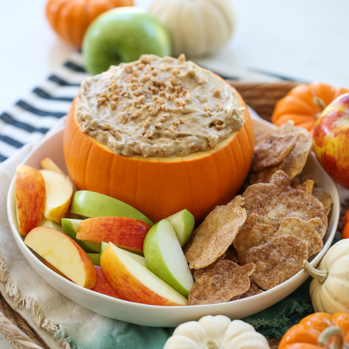 toffee fruit dip in a pumpkin