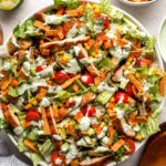 overhead view of southwest salad in a white bowl.