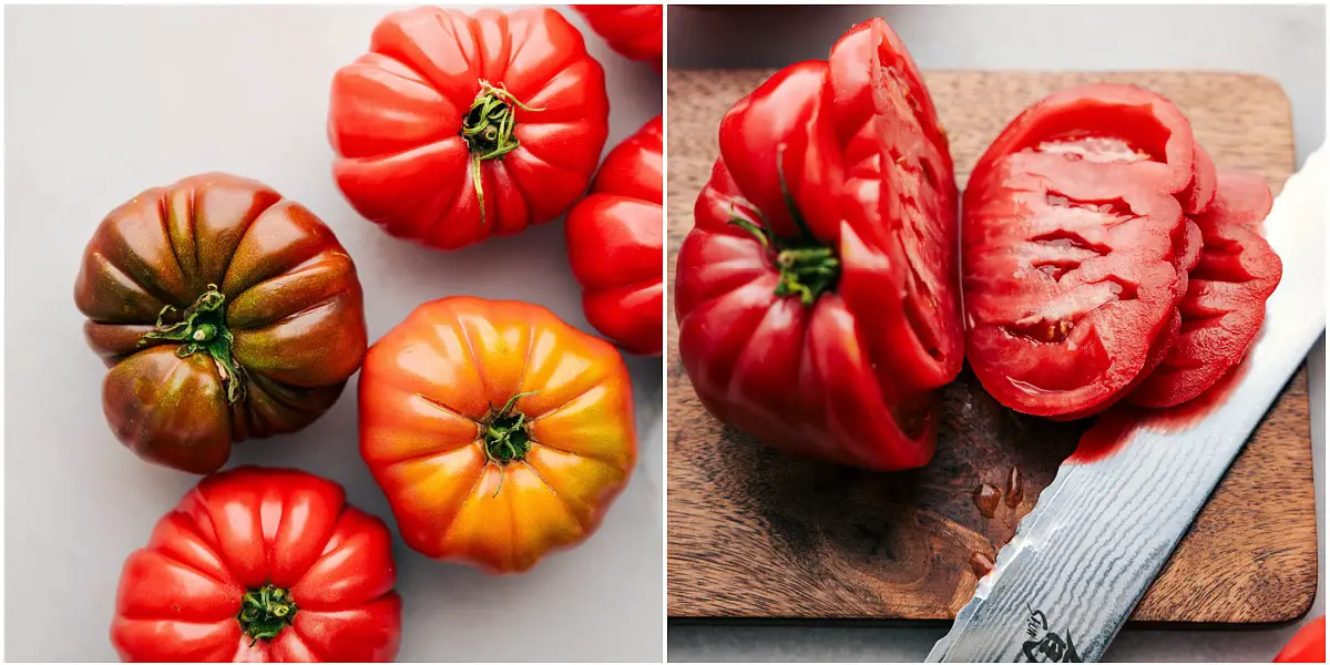 Für diese Tomatensandwiches werden die Erbstücktomaten in dünne Scheiben geschnitten.