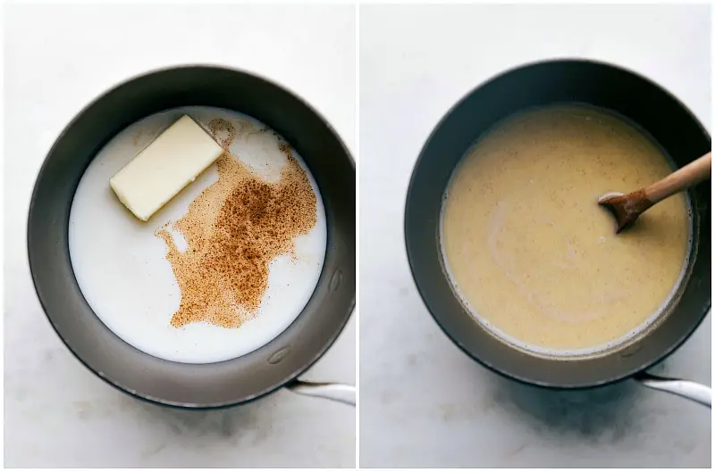 Zutaten (Milch, Butter, Wasser und Vanille) werden zusammen in einem Topf köcheln gelassen.