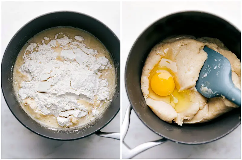 Mehl und Eier hinzufügen und in einem Topf verrühren, bis der Churro-Teig fertig ist.