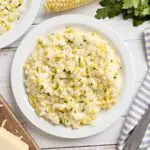 Sweet corn risotto on a plate.