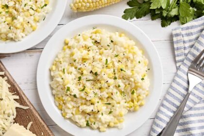 Sweet corn risotto on a plate.
