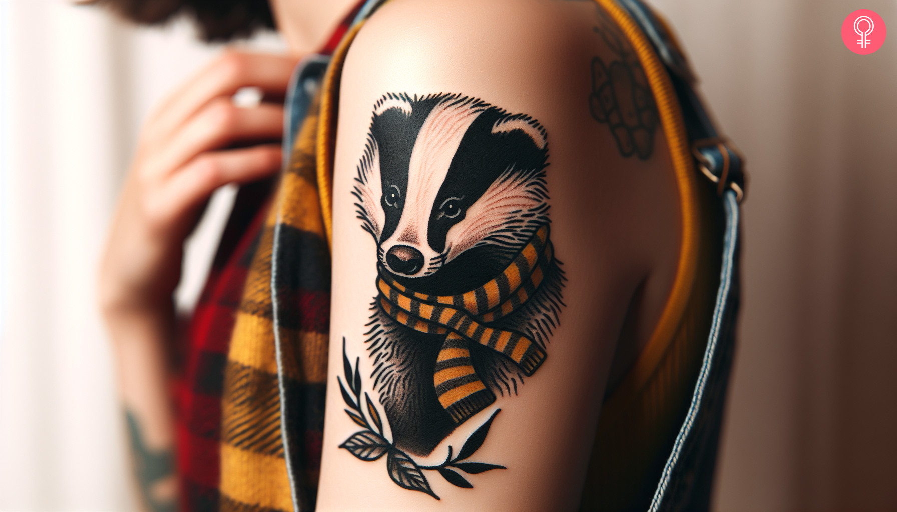 Ein Hufflepuff-Dachs-Tattoo auf dem Oberarm einer Frau