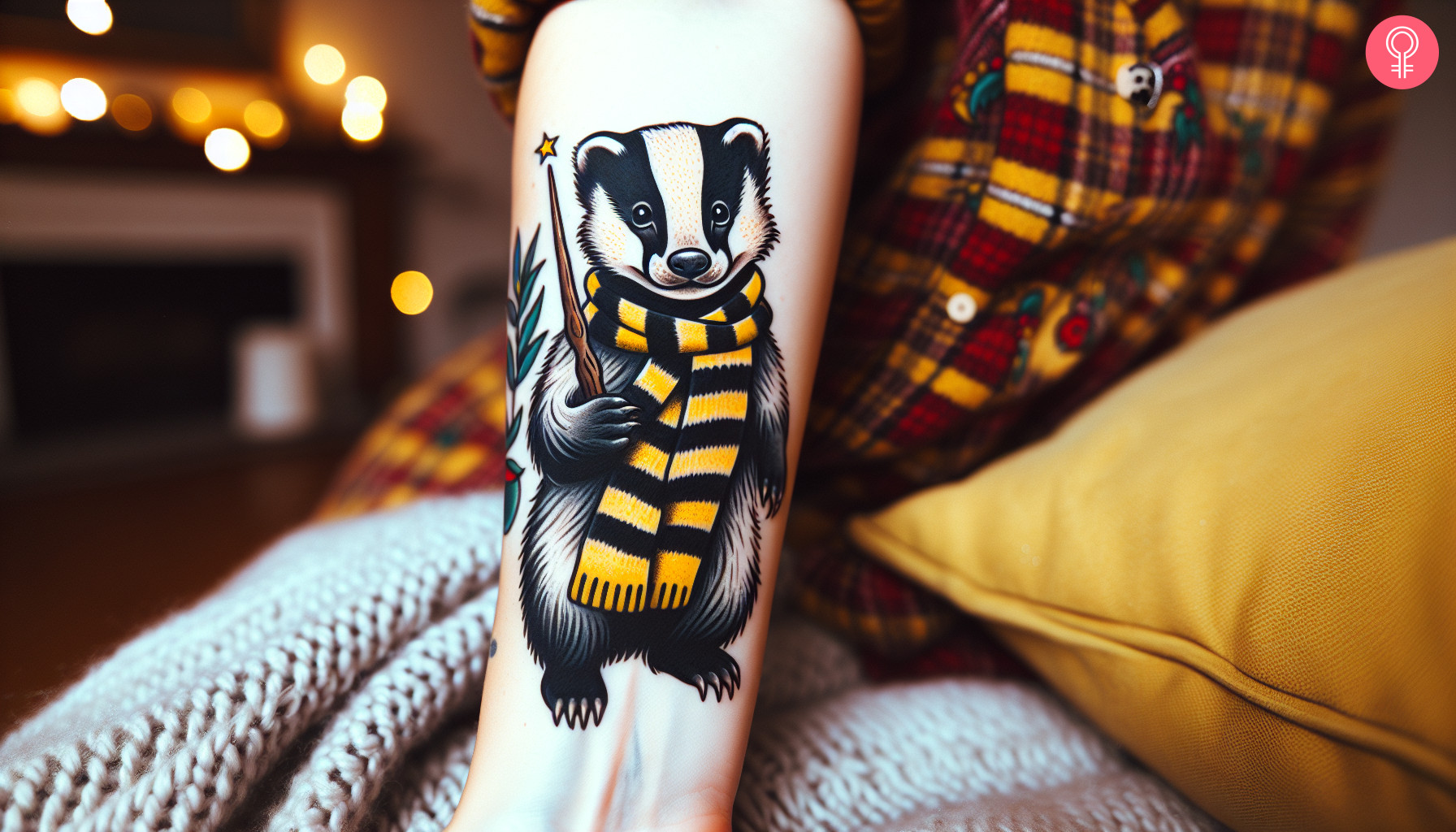 Ein einzigartiges Hufflepuff-Tattoo auf dem Unterarm einer Frau