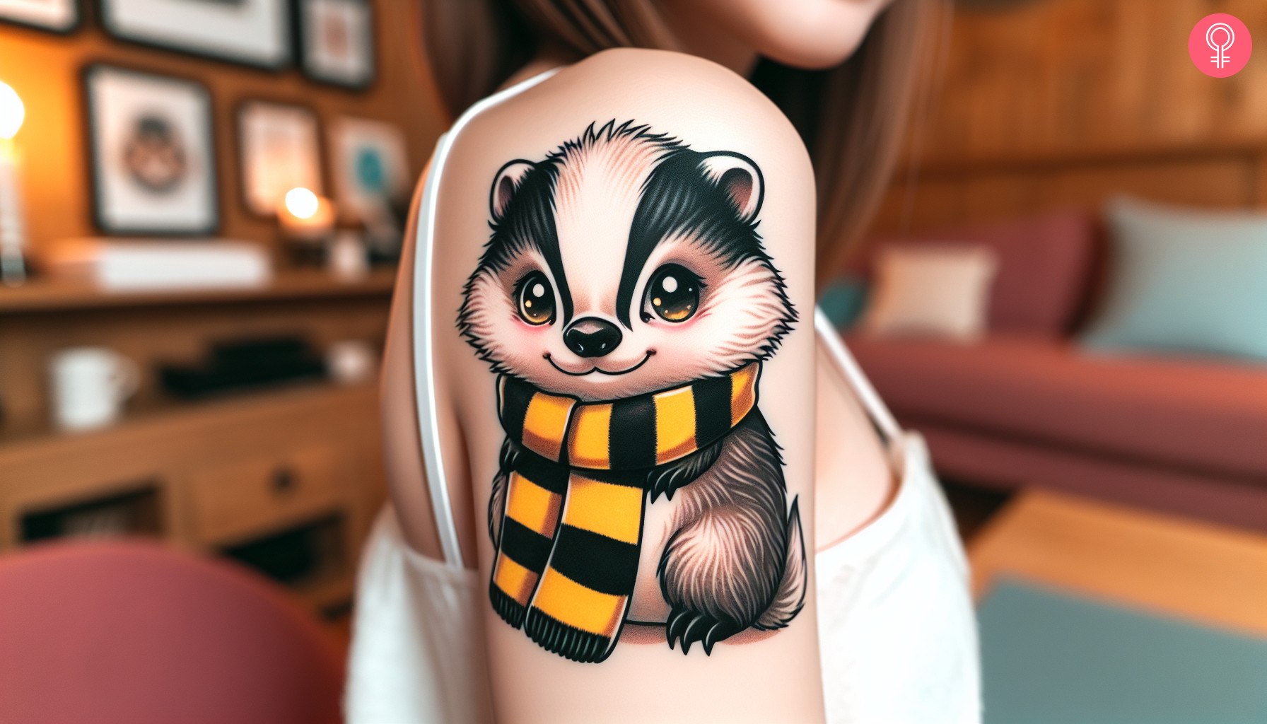 Ein süßes Hufflepuff-Tattoo auf dem Oberarm einer Frau