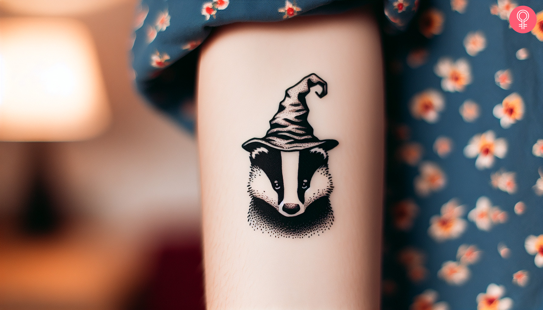 Ein schwarz-weißes Hufflepuff-Tattoo auf dem Oberarm einer Frau