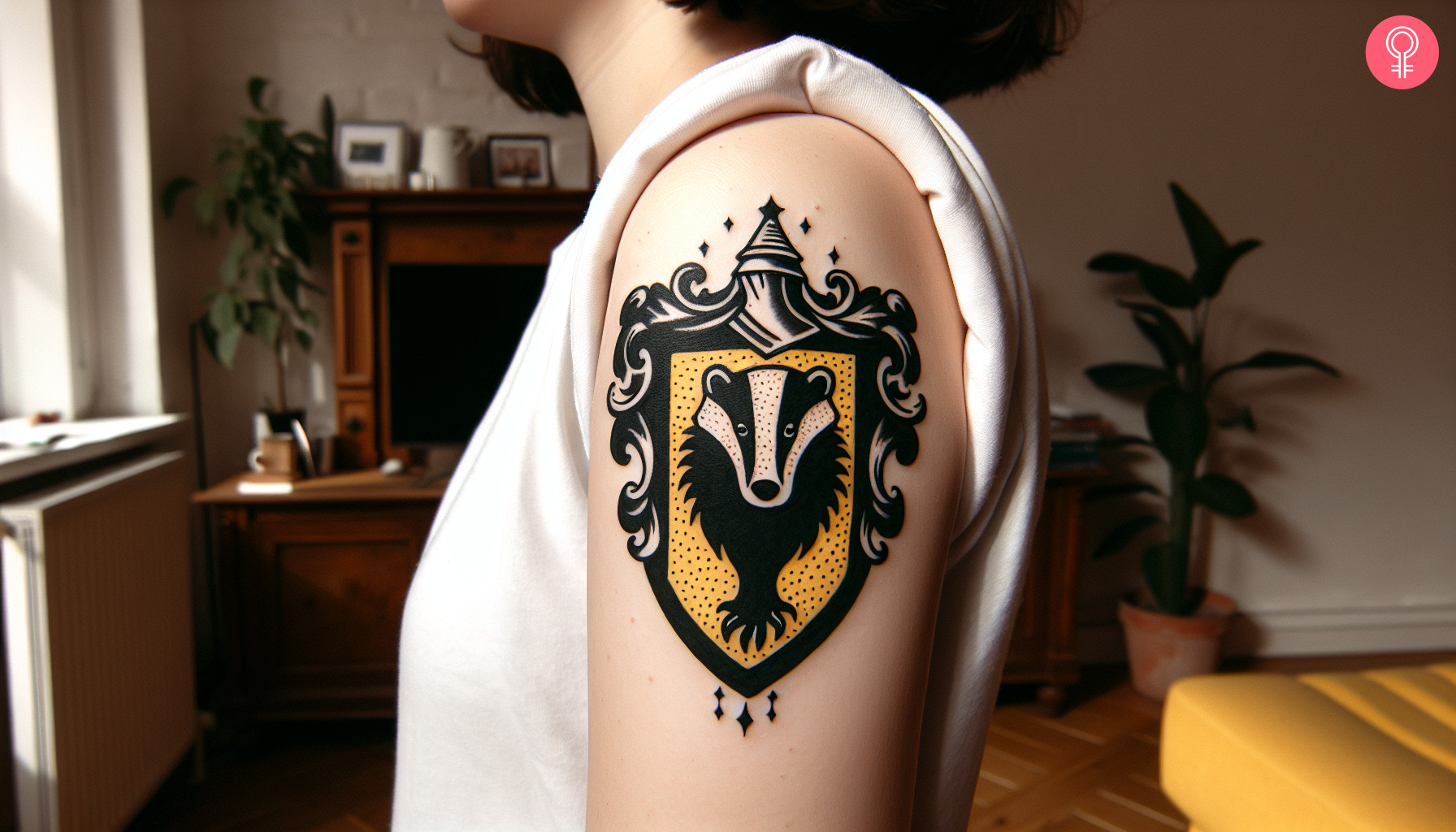 Ein Harry Potter Hufflepuff Tattoo auf dem Oberarm einer Frau