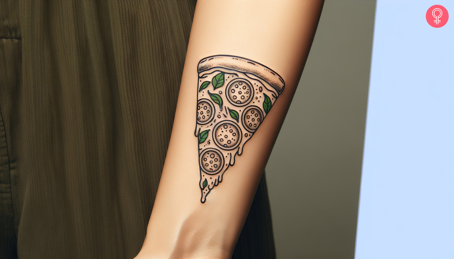 Minimalistisches Pizza-Tattoo am oberen Handgelenk