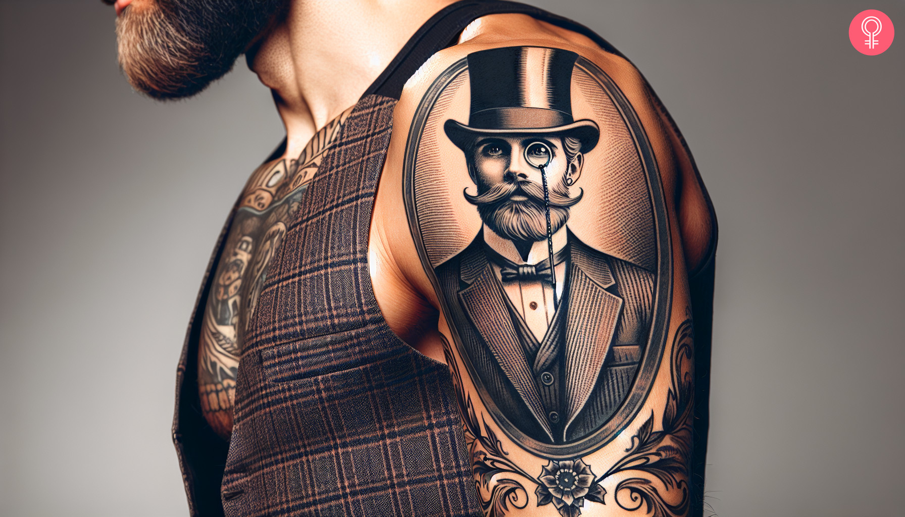 Mann mit Old-School-Gentleman-Tattoo auf dem Oberarm