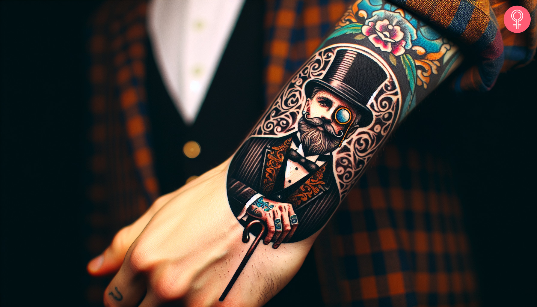 Mann mit neotraditionellem Gentleman-Tattoo am Handgelenk