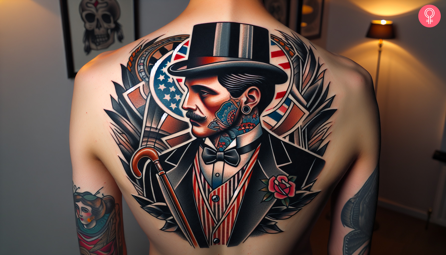 Mann mit traditionellem amerikanischen Gentleman-Tattoo auf dem Rücken