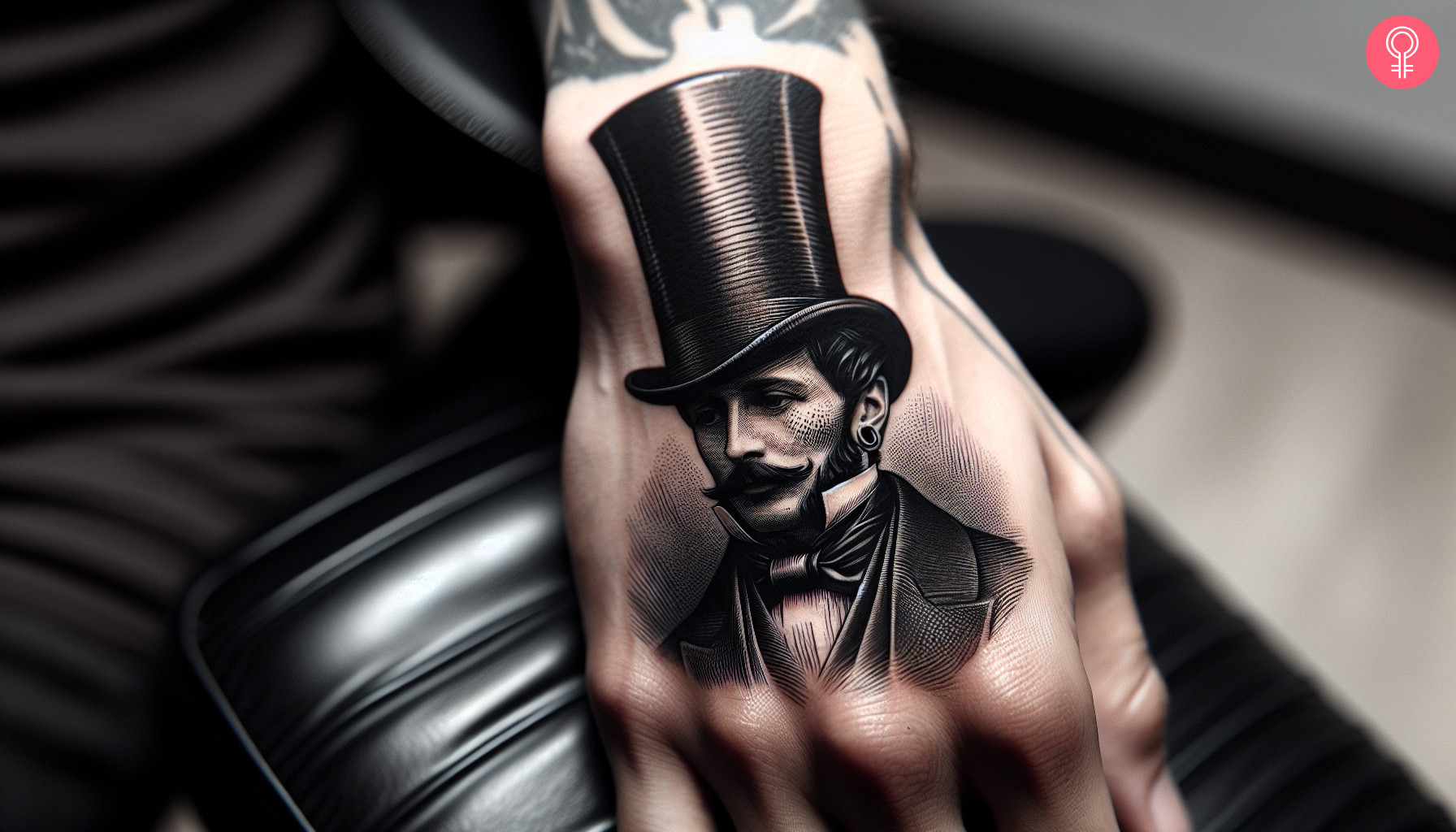 Frau mit Zylinder-Gentleman-Tattoo auf ihrer Hand