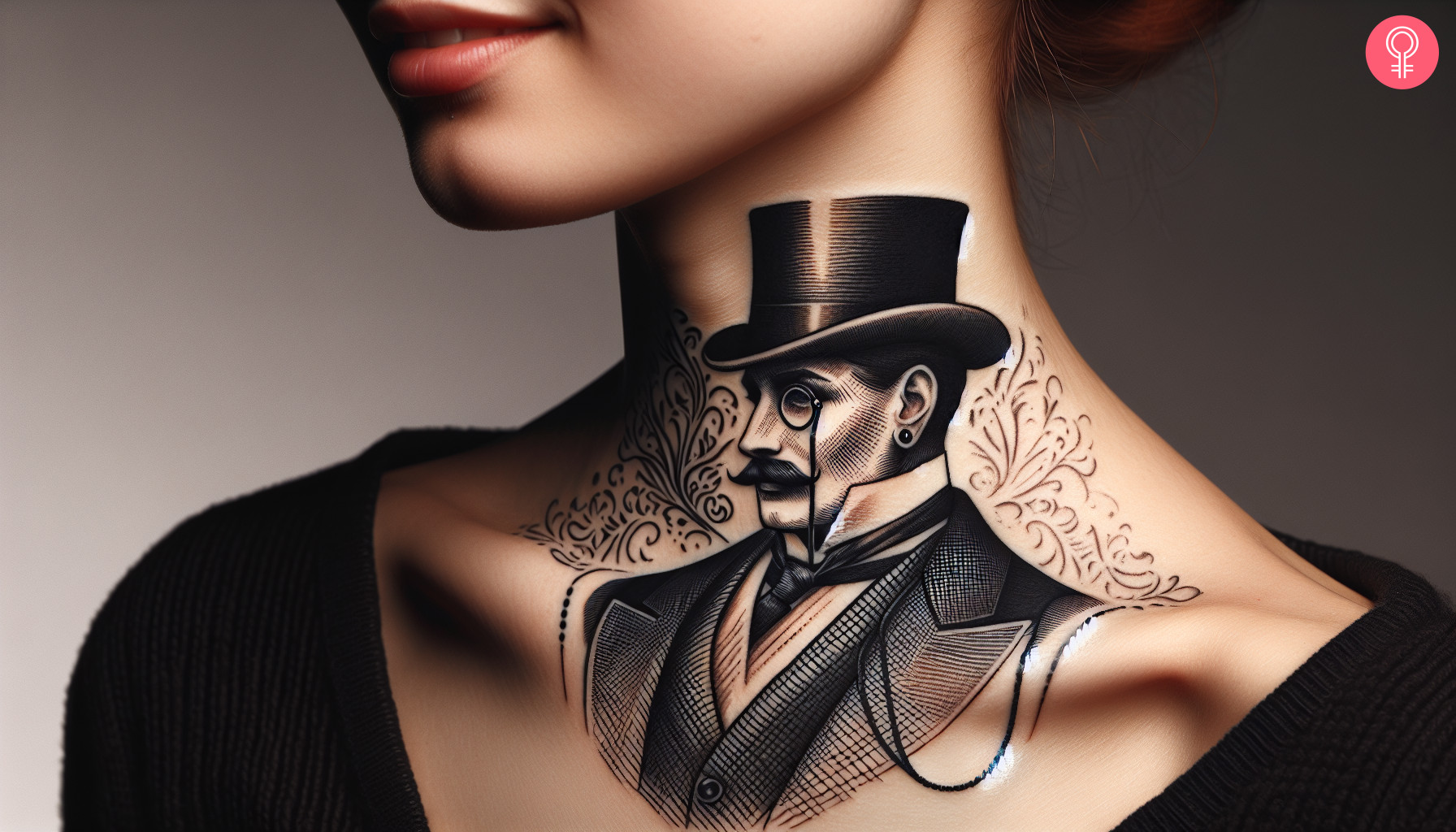 Frau mit noblem Gentleman-Tattoo am Hals