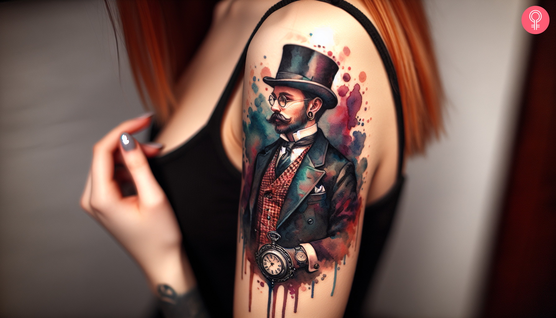 Frau mit farbenfrohem Gentleman-Tattoo auf dem Arm