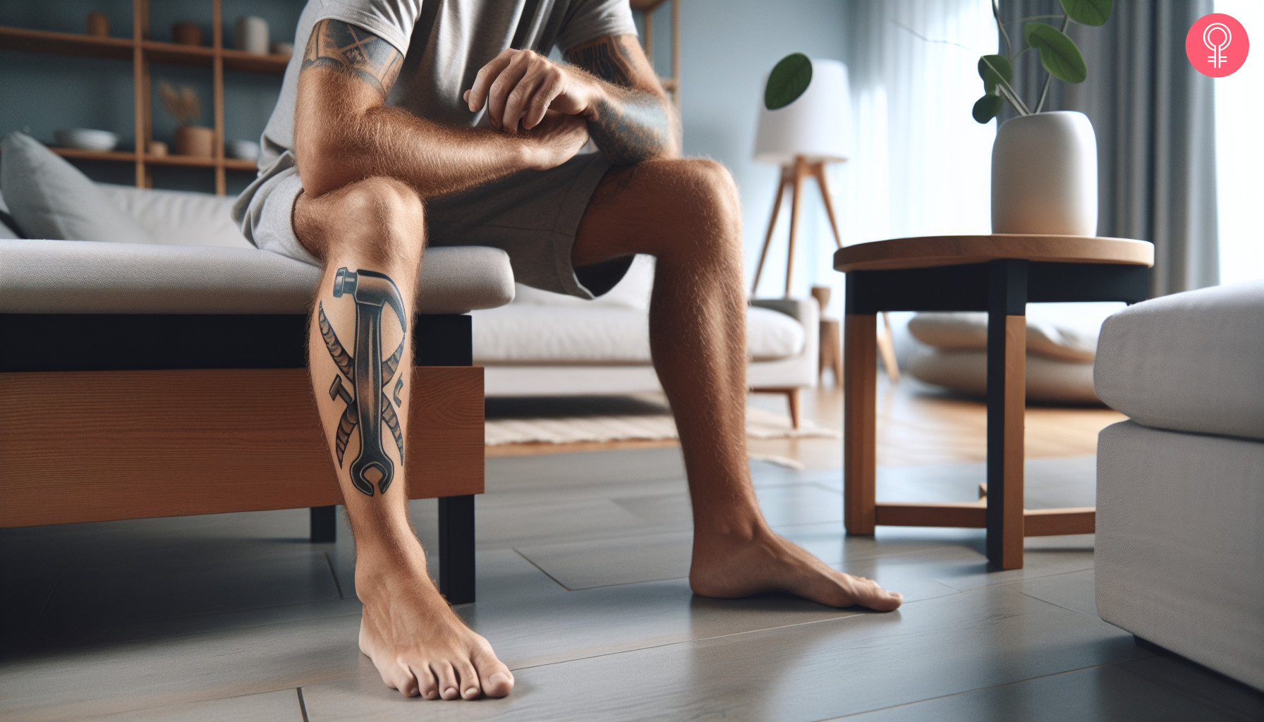 Hammer und Schraubenschlüssel Tattoo am Schienbein