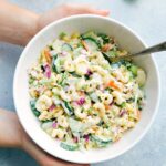 Macaroni Coleslaw Salad recipe in a bowl ready to be enjoyed.