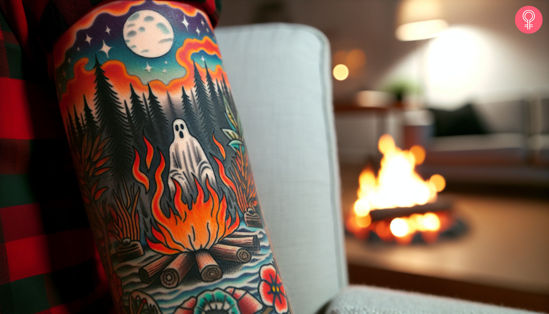 Frau mit traditionellem amerikanischen Lagerfeuer-Tattoo auf dem Oberarm