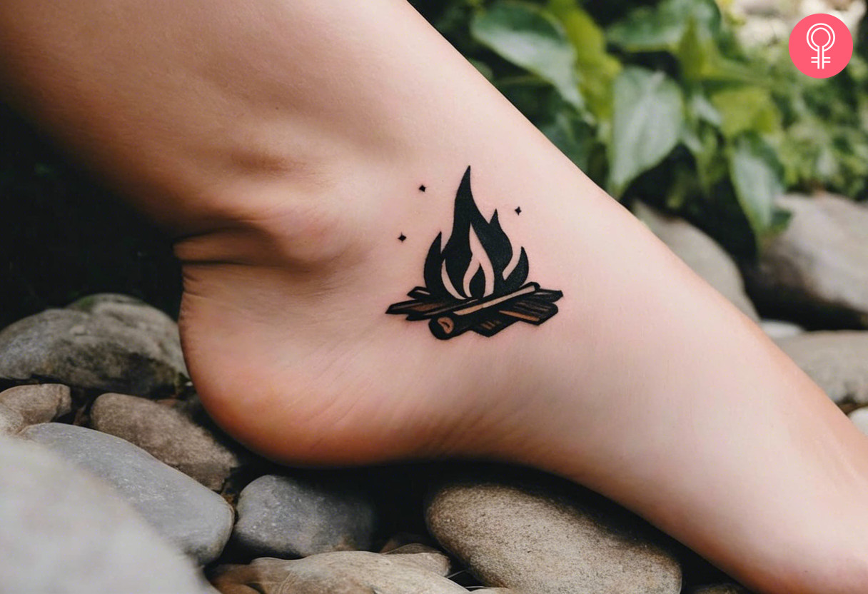 Frau mit minimalistischem Lagerfeuer-Tattoo am Knöchel