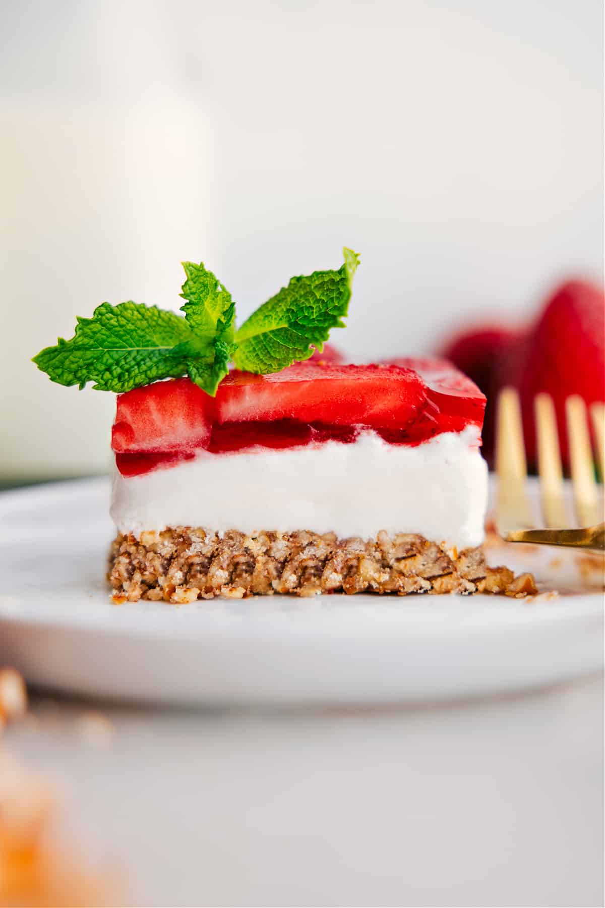 Strawberry Pretzel Salad on a plate ready to be enjoyed.