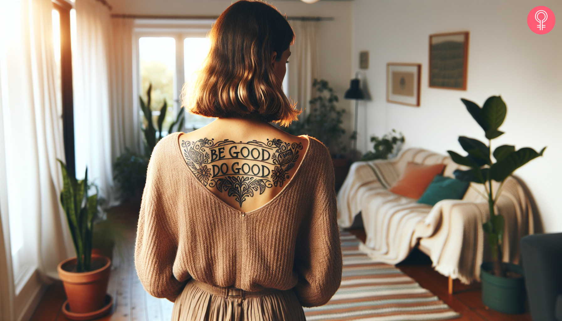 Tattoo mit Blockbuchstaben-Zitat „Be good do good“ auf der hinteren Schulter