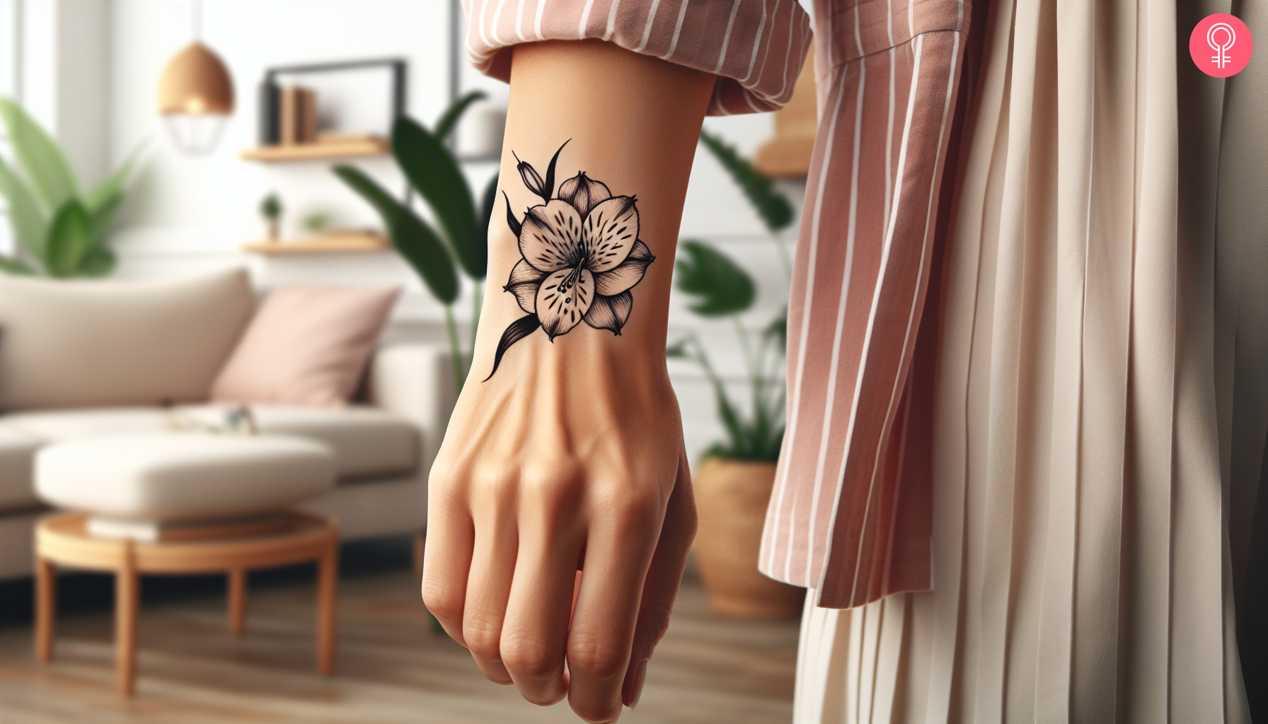 Minimalistisches Alstroemeria-Tattoo auf der Hand einer Frau