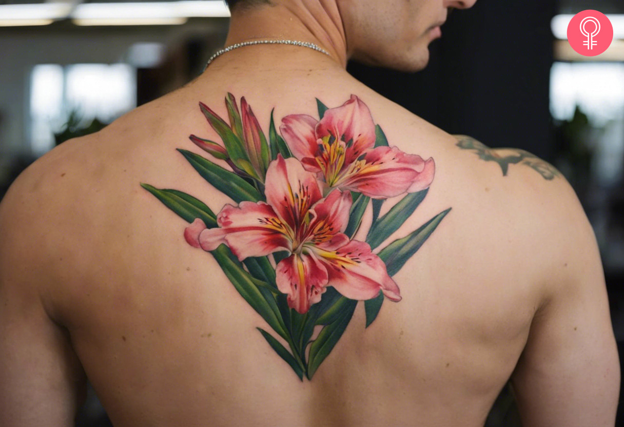  Alstroemeria-Tattoo auf dem oberen Rücken eines Mannes