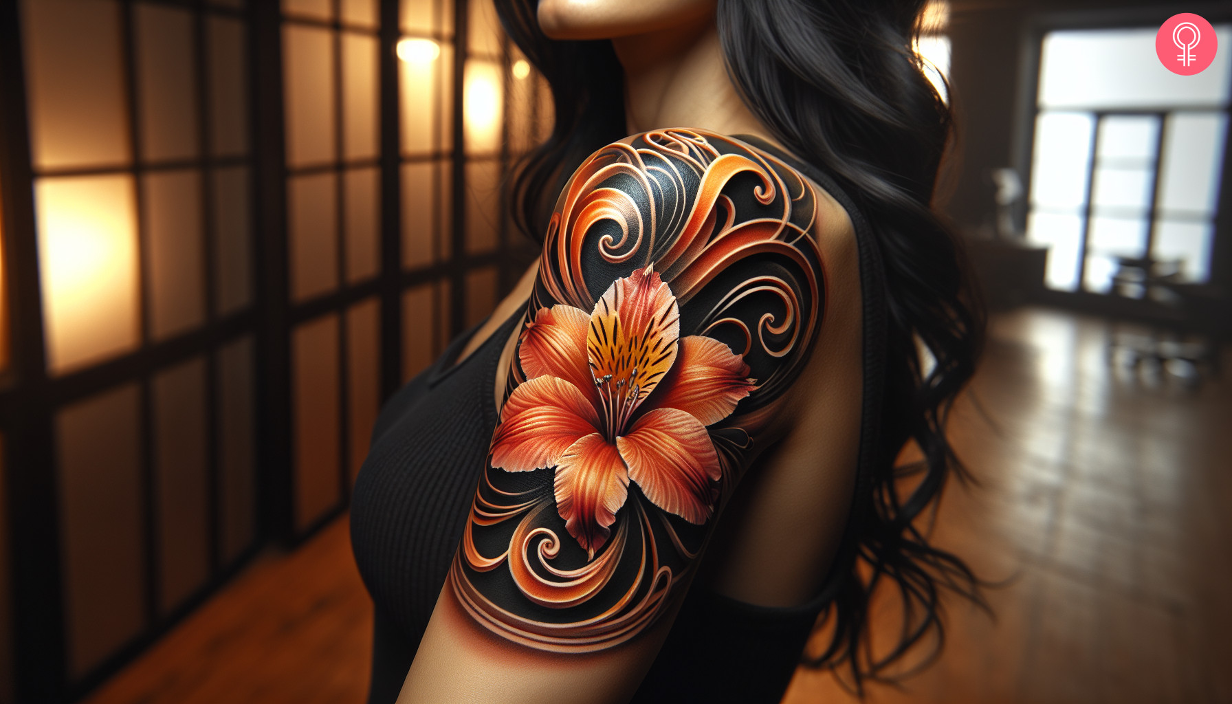 Abstraktes Alstroemeria-Tattoo auf dem Arm einer Frau