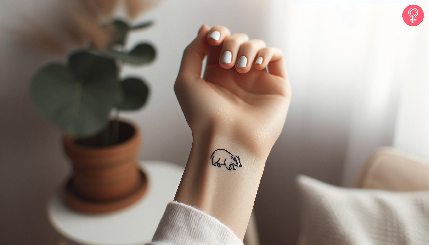 Ein minimalistisches Hufflepuff-Tattoo am Handgelenk einer Frau