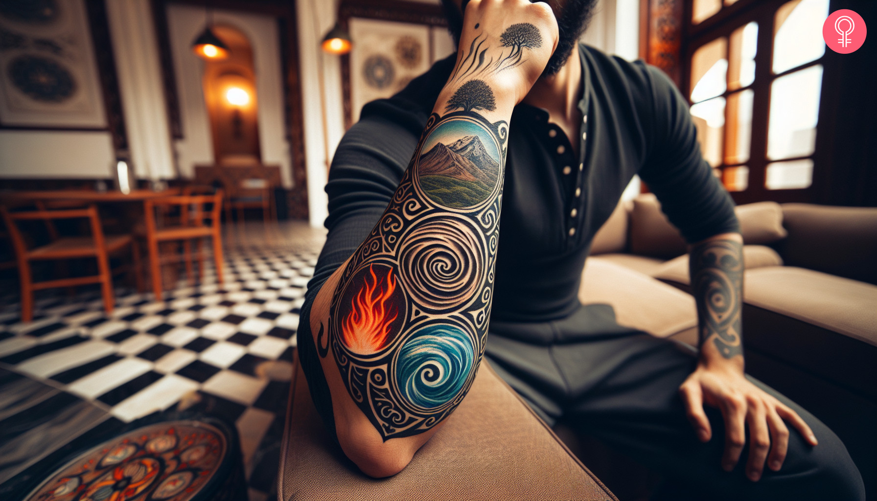 Erde-Luft-Feuer-Wasser-Tattoo auf dem Unterarm eines Mannes