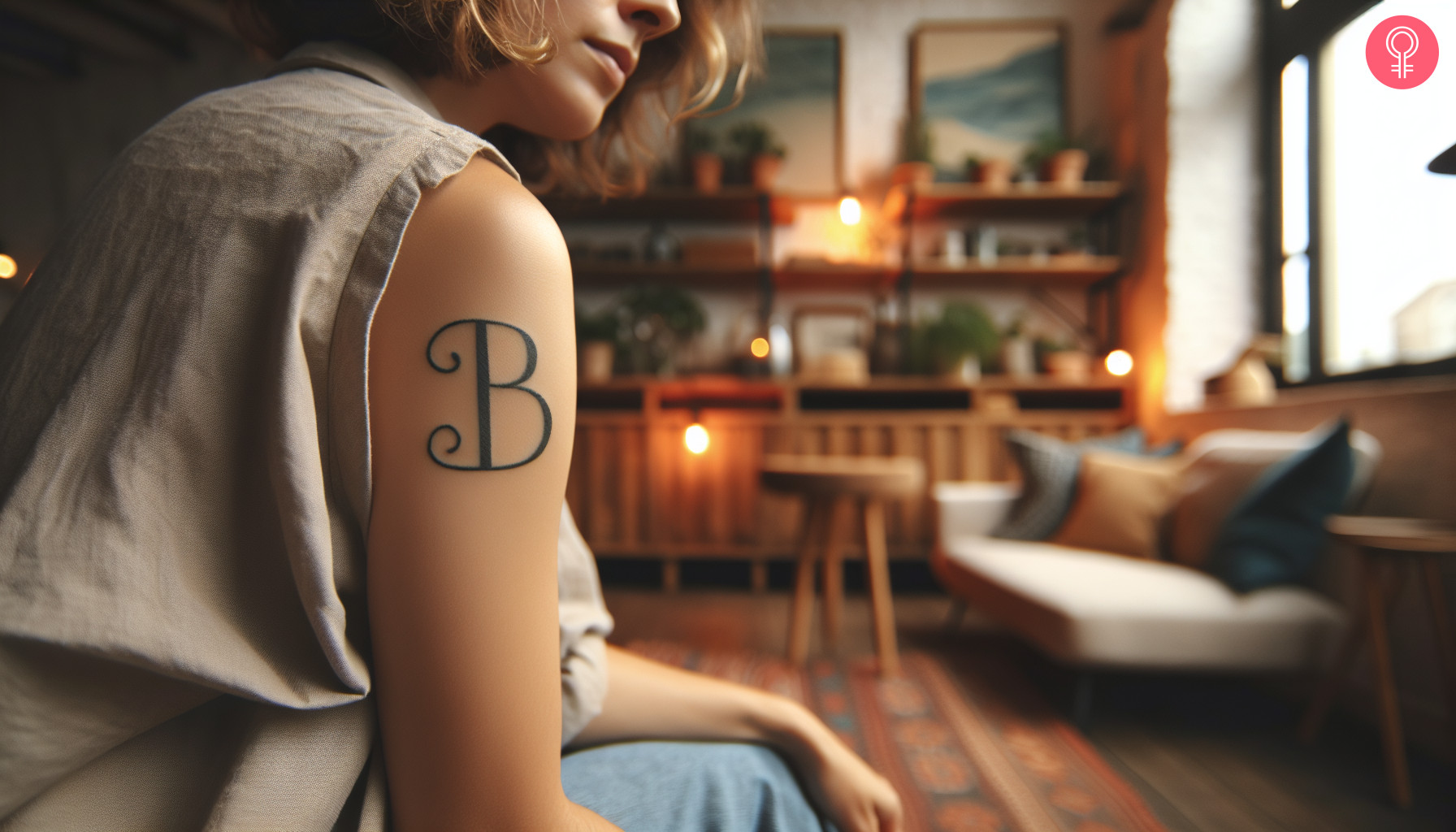 Minimalistisches Blockbuchstaben-Tattoo „B“ auf der Schulter