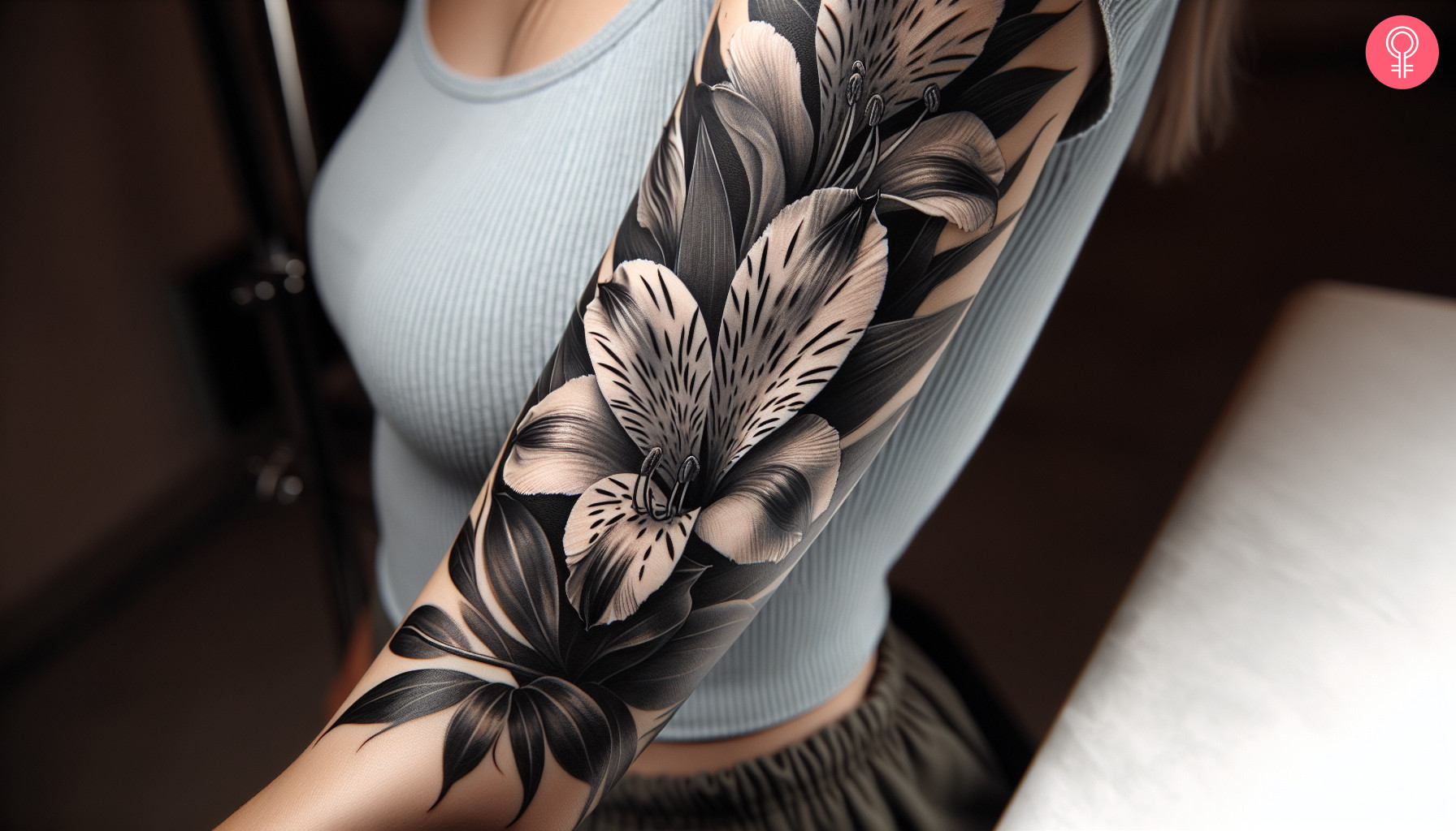 Schwarz-weißes Alstroemeria-Tattoo auf dem Arm einer Frau