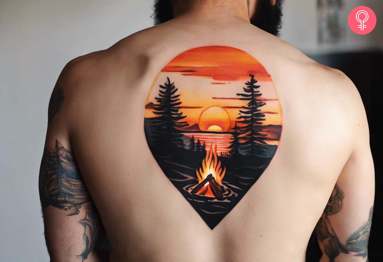 Mann mit Natur-Camping-Tattoo auf dem Rücken