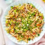 eggroll filling on a scalloped blue plate with fresh scallions and white sesame seeds sprinkled on top