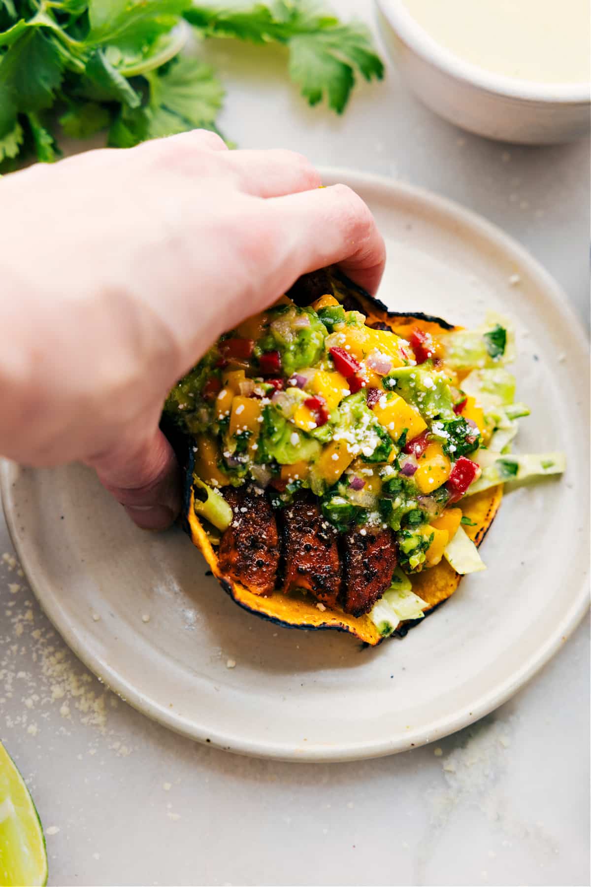 Lachs-Tacos auf einem Teller mit sämtlichem Topping.