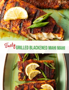 Pinterest-Grafik: Das obere Bild zeigt ein Filet gegrillten Mahi Mahi, garniert mit einer Zitronenscheibe und Frühlingszwiebeln. Ein Stück des Fischs wurde entfernt, um das weiße, flockige Innere des Fleisches zu zeigen. Die unteren Bilder zeigen eine Draufsicht auf 4 Stücke geschwärzten und gegrillten Fisch, alle garniert mit Zitronenscheiben und Frühlingszwiebeln. Die beiden Bilder sind horizontal durch ein weißes Banner getrennt, auf dem in Grün der Rezepttitel steht: Gegrillter geschwärzter Mahi Mahi.